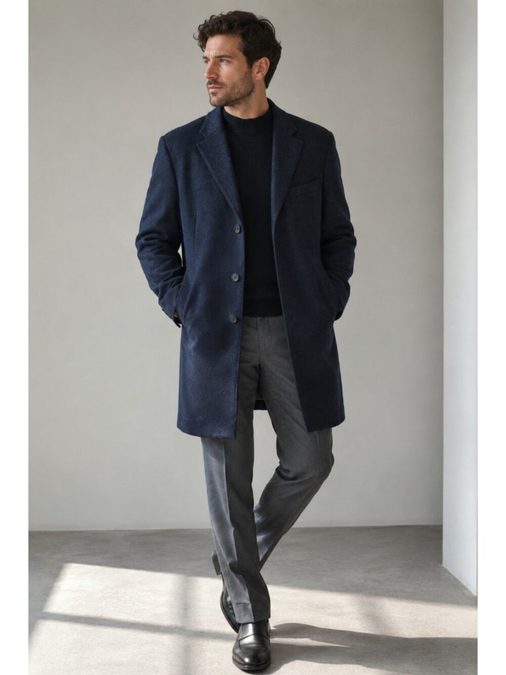 UNIQLO Men’s L Navy Wool Cashmere Chesterfield Long Overcoat